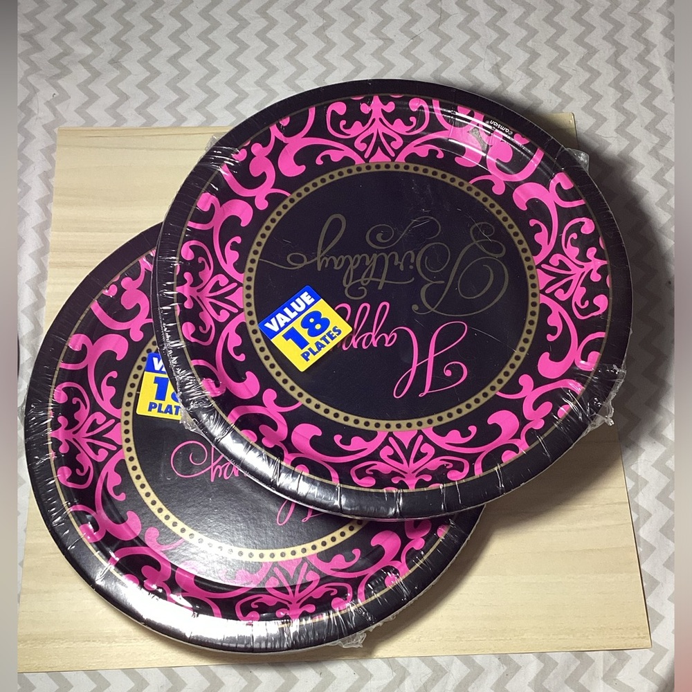 Black and Pink Happy Birthday Plates, Napkins, and Cups Set